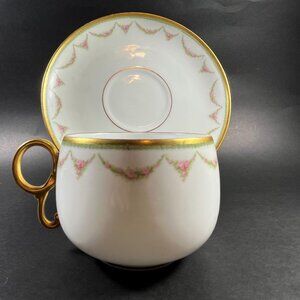 Antique Limoges France Porcelain Cup & Saucer – Hand‑Painted Pink Rose Garlands